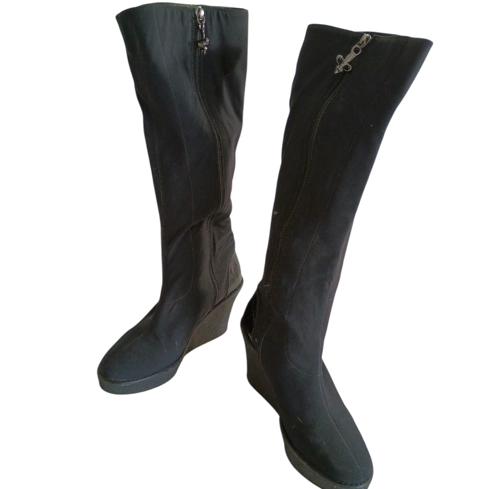 Donald J Pliner TRIKE Black Stretch Wedge Knee High‎ Boots Croc Embossed Size 6M